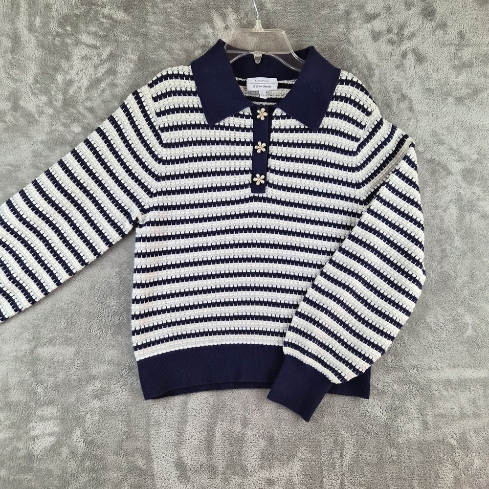 & Other Stories Polo Sweater Small Navy White Striped Knit Pearl Buttons Chic